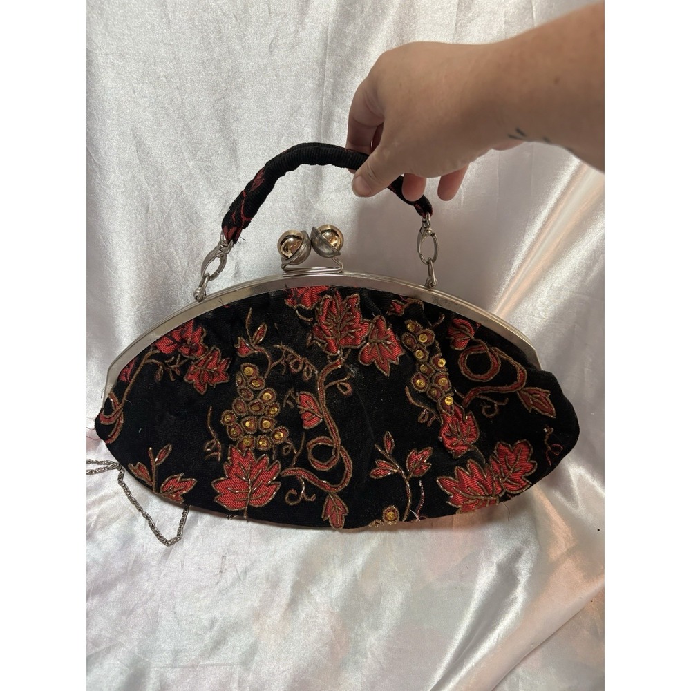 Vintage Beaded Black Velvet Hand bag Handle Red Leaves Kiss lock Chain strap